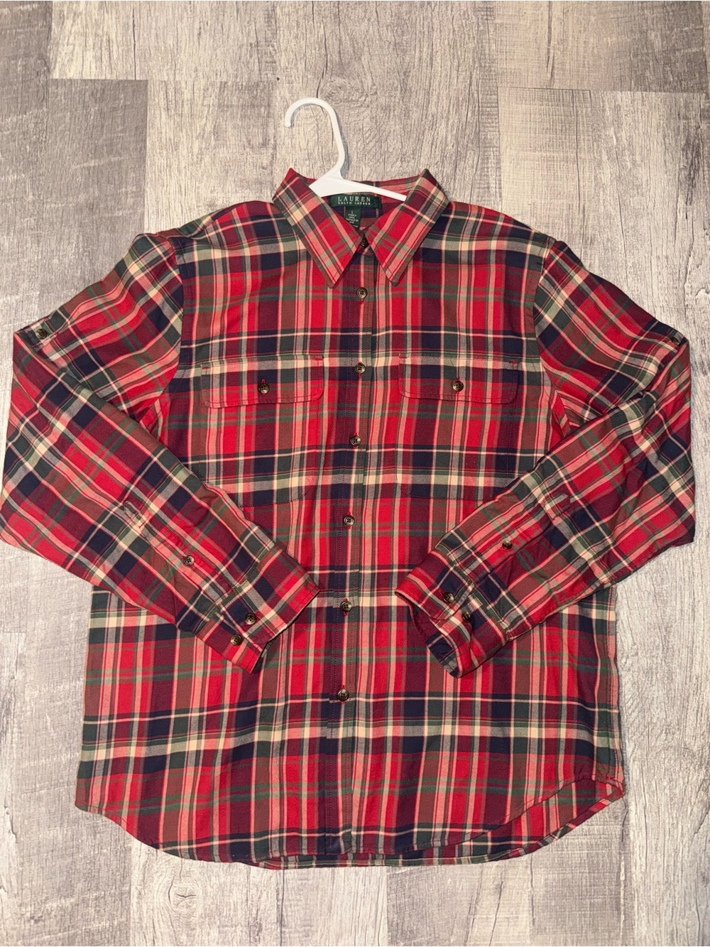 Lauren Ralph Lauren Red Green Tartan Plaid Button Shirt Roll Tab Large